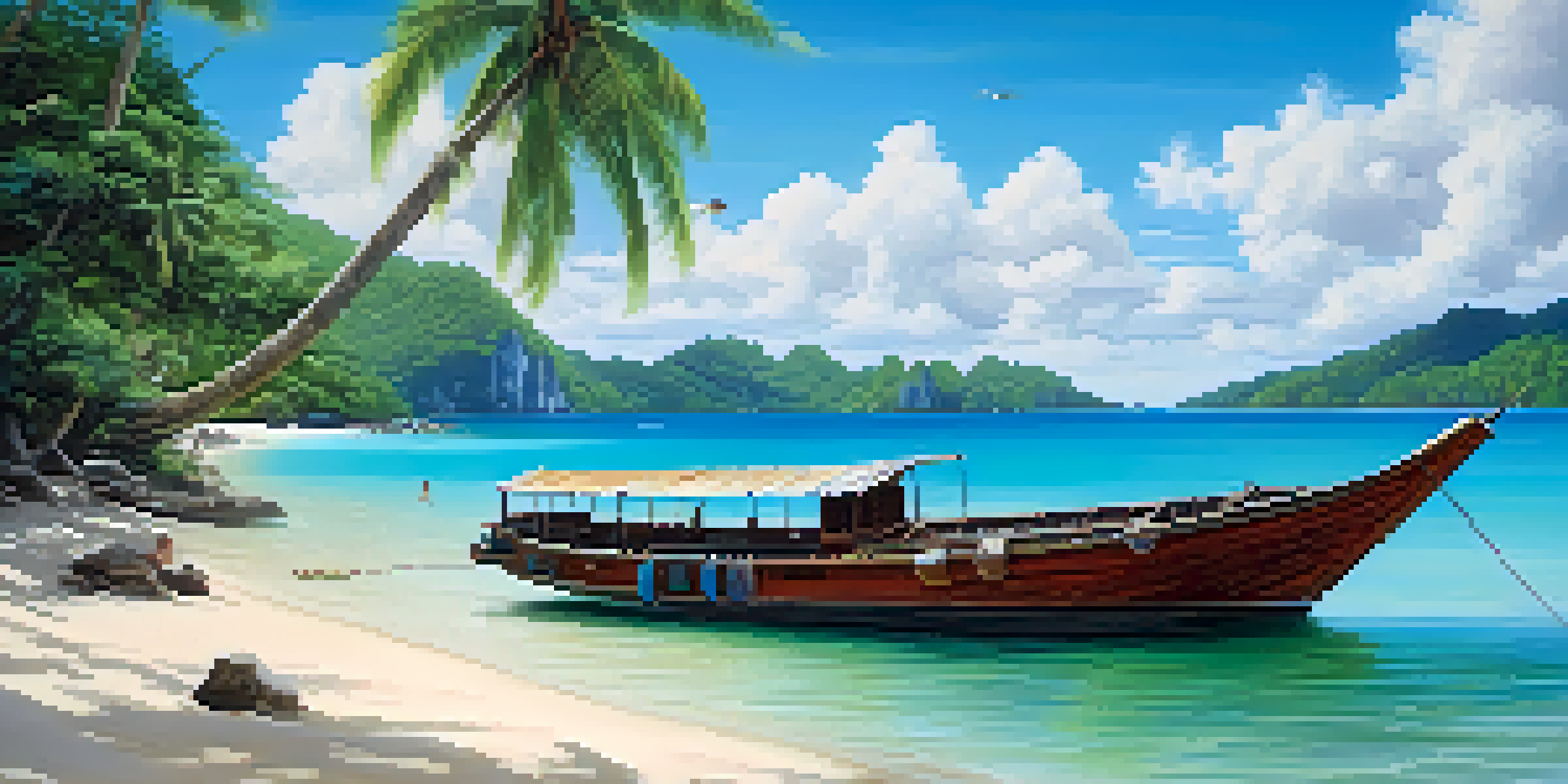 A picturesque beach in Thailand featuring clear turquoise waters, a long-tail boat, and vibrant palm trees under a blue sky.