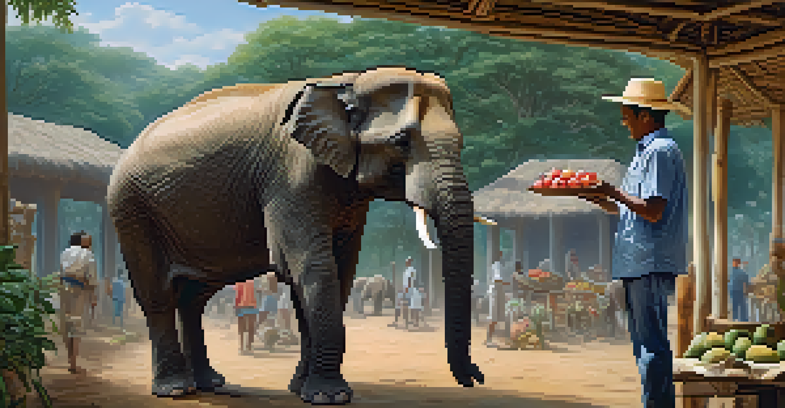 A volunteer feeding an elephant in a rehabilitation center, with a friendly interaction and natural habitat in the background.