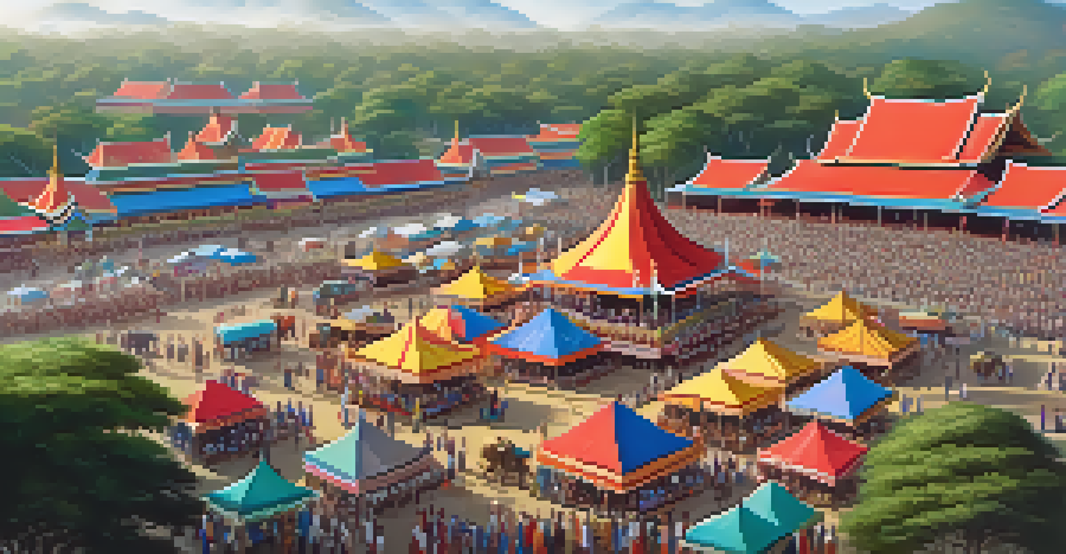 An aerial view of the Surin Elephant Round-Up Festival, showing the vibrant atmosphere and attractions.