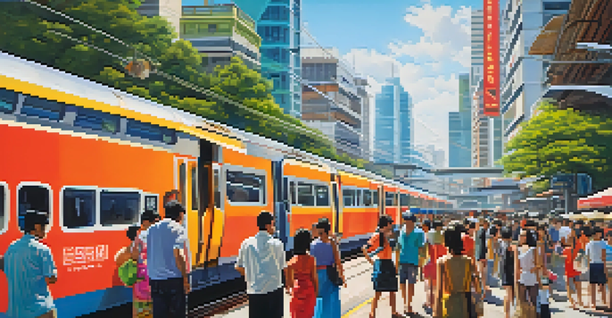 A busy scene depicting Bangkok's Skytrain with modern trains above a vibrant street market filled with colorful stalls and high-rise buildings in the background under a clear blue sky.