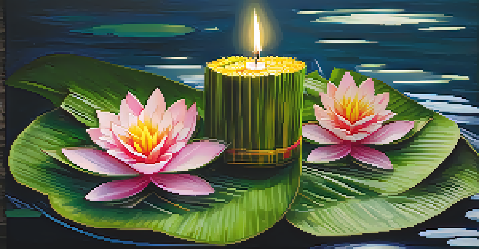 A close-up view of a colorful krathong floating on water, decorated with flowers and a candle.