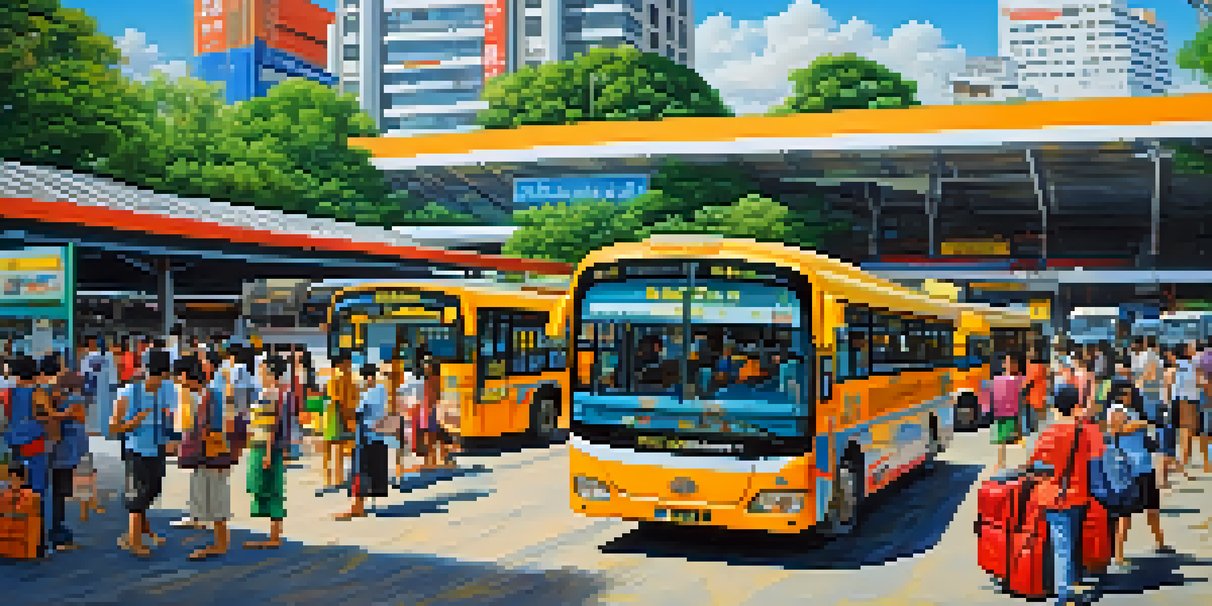 A busy Thai bus station with different types of buses and travelers looking at schedules.
