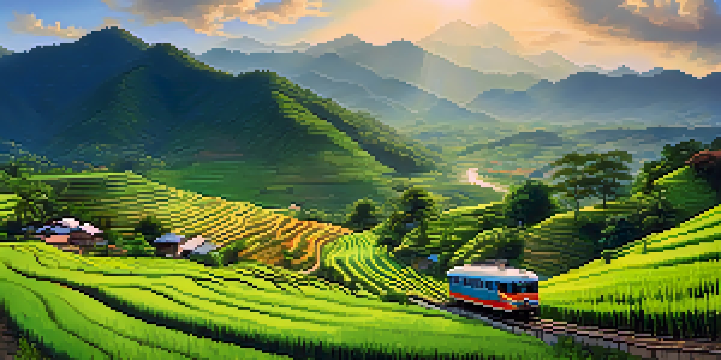 A train traveling through lush green mountains and rice fields in Northern Thailand, with a village and farmers in the distance.