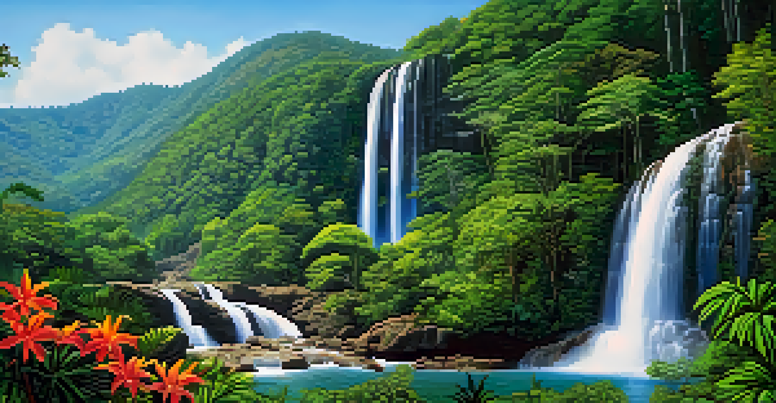A stunning waterfall surrounded by vibrant greenery and flowers, with visitors admiring the view under a clear blue sky.