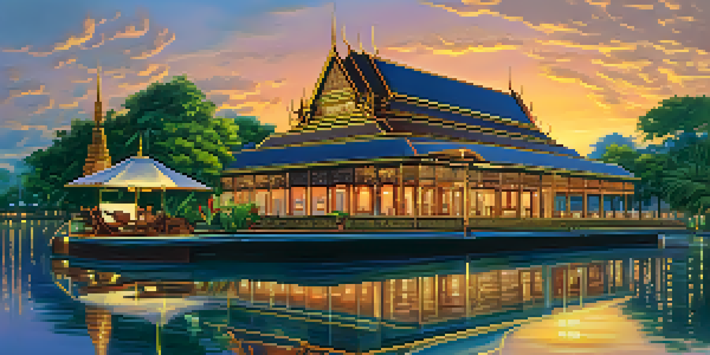A picturesque scene of The Siam Hotel in Bangkok, featuring traditional architecture, a beautiful infinity pool, and a sunset reflection on the river.