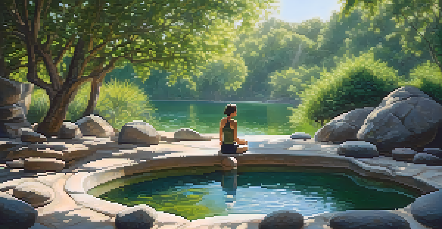 A person enjoying a relaxing mineral bath in a serene outdoor setting with greenery.