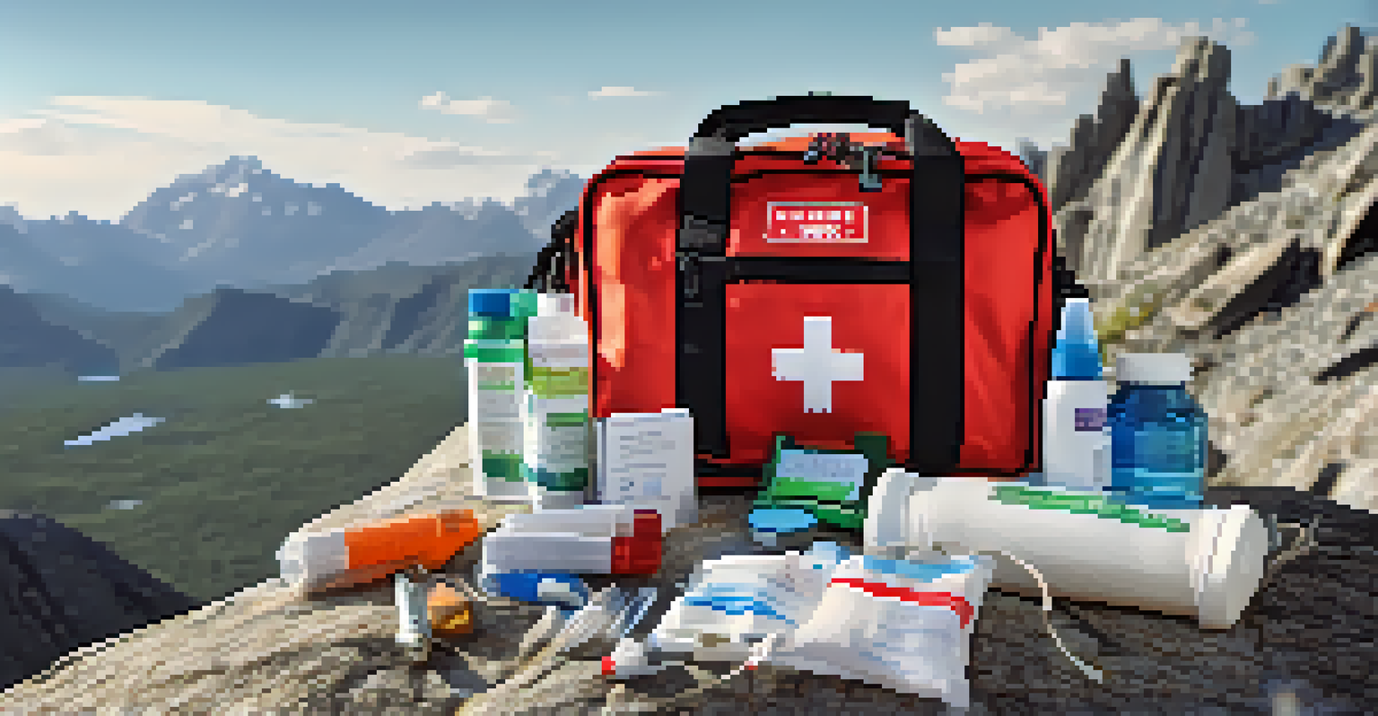 A close-up of an open first aid kit with medical supplies, surrounded by climbing gear and mountains in the background.