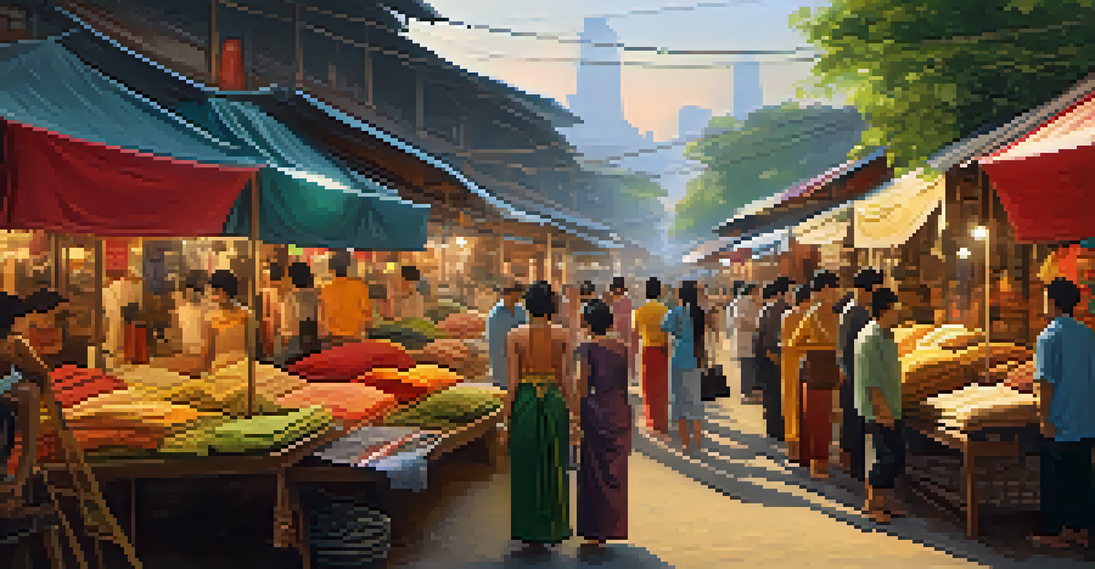 A busy Thai clothing market with stalls of colorful traditional garments and textiles, illuminated by evening light.