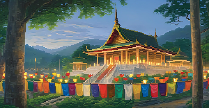 A picturesque Buddhist temple with greenery and colorful prayer flags, showing devotees meditating and offering flowers, illuminated by candlelight.