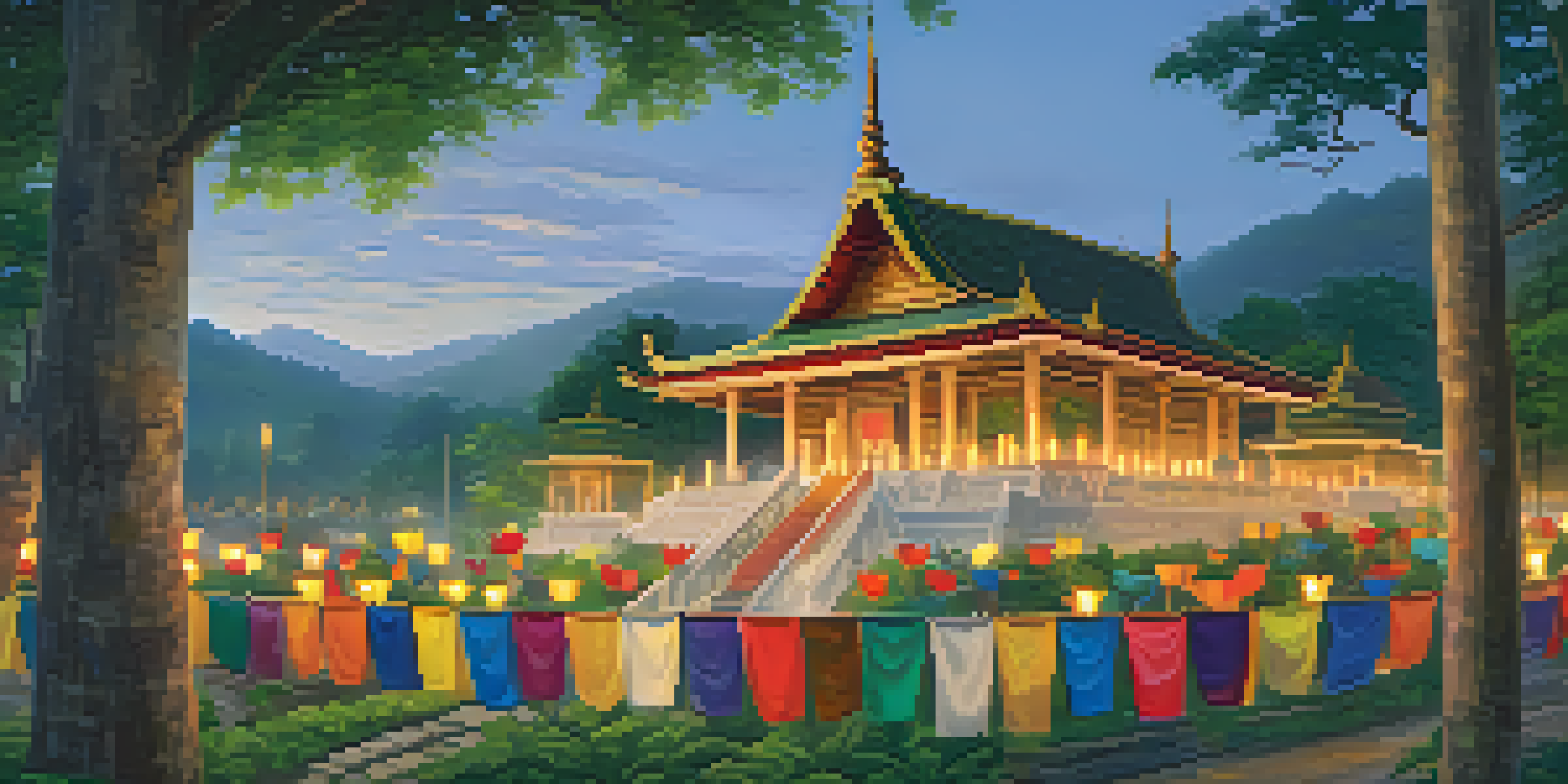 A picturesque Buddhist temple with greenery and colorful prayer flags, showing devotees meditating and offering flowers, illuminated by candlelight.