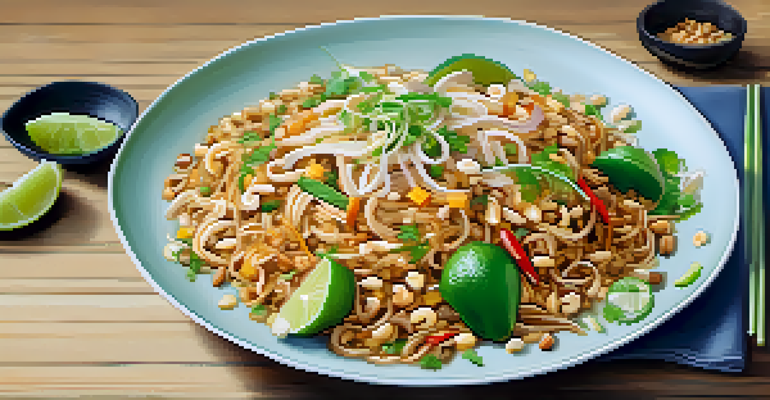 A close-up of Pad Thai, showcasing stir-fried noodles with lime, peanuts, and herbs, with a blurred background.