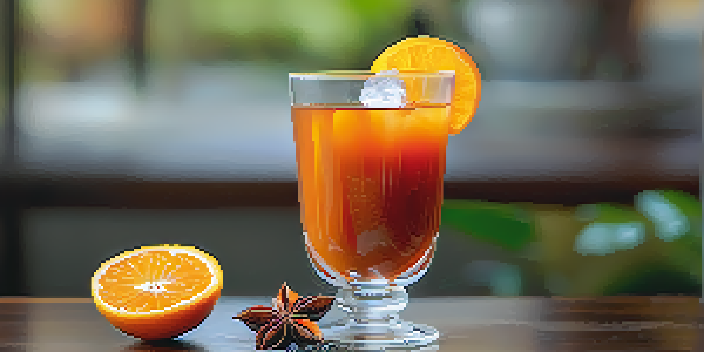 A close-up of a traditional glass of iced Thai tea, featuring its bright orange color and creamy appearance, with sugar and star anise around it.