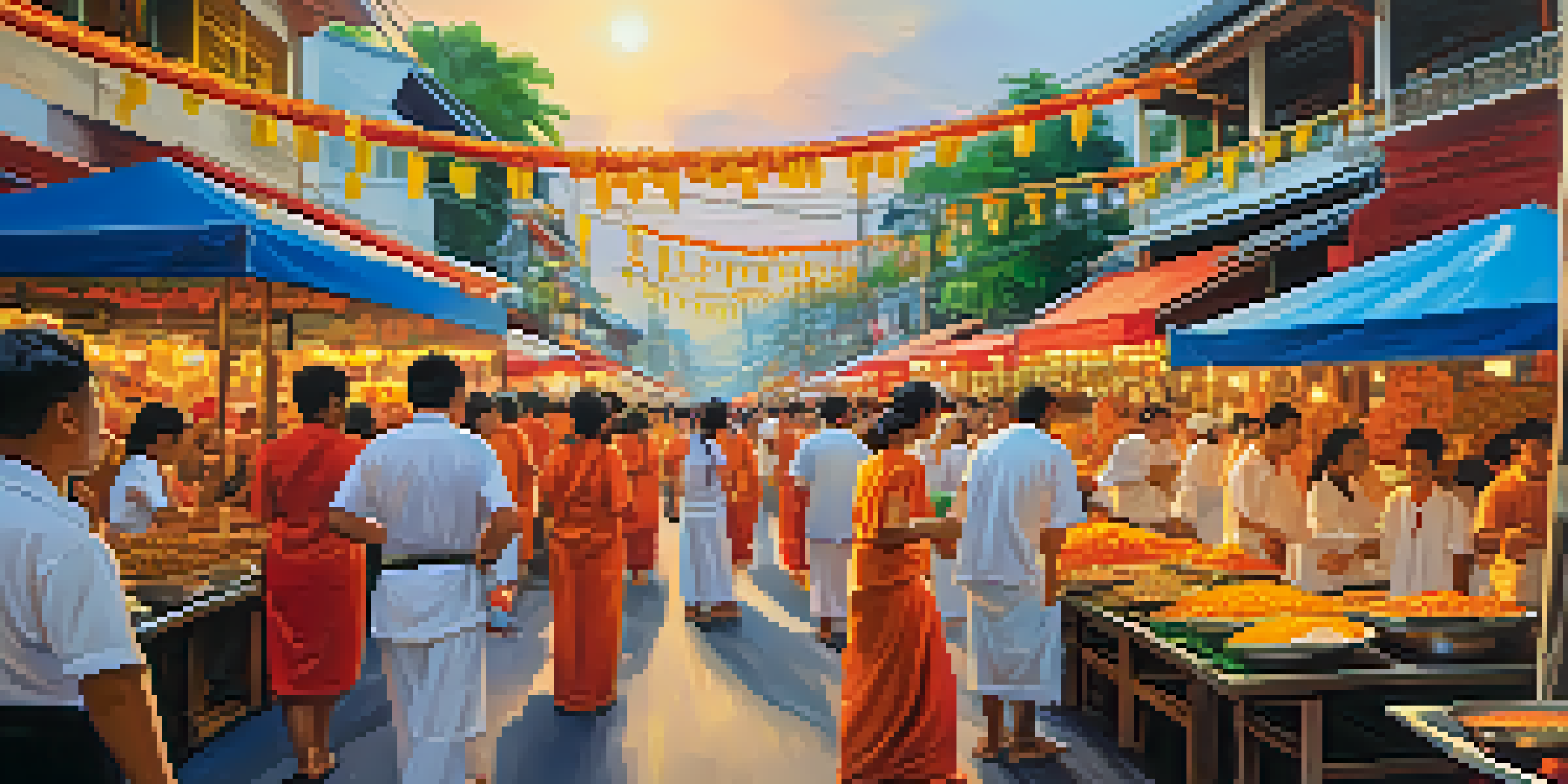 A bustling street during the Thai Vegetarian Festival with colorful food stalls and people in white clothing celebrating.