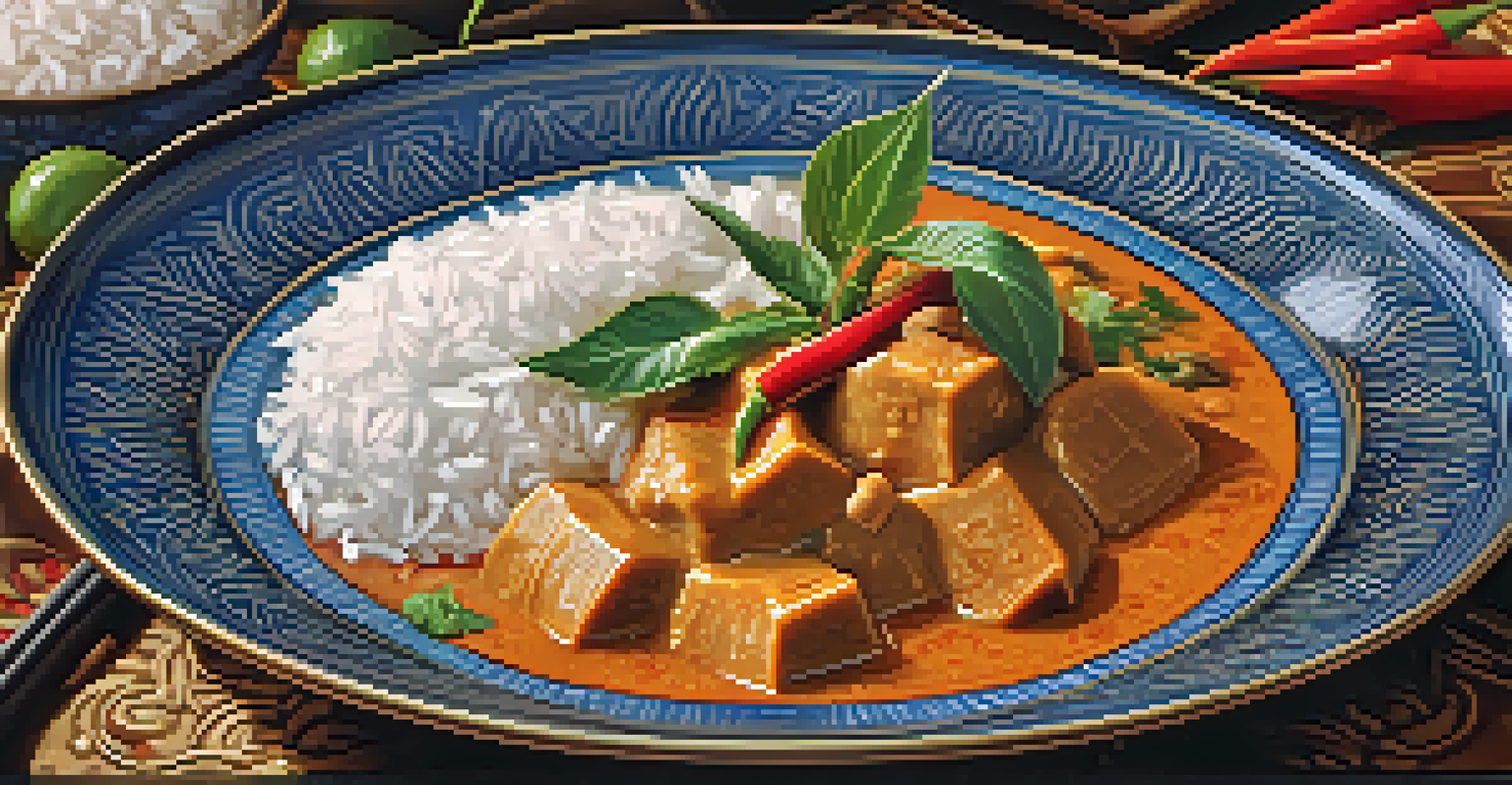 A close-up of a beautifully plated Massaman curry with jasmine rice, garnished with fresh herbs, showcasing rich textures and vibrant colors.