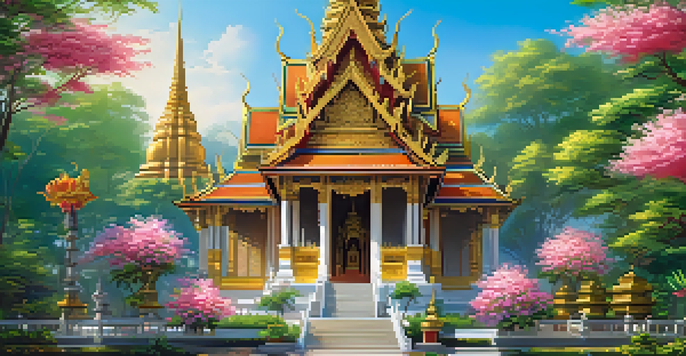 A vibrant traditional Thai temple with ornate carvings and a steep roof, set in a lush green landscape under a blue sky.