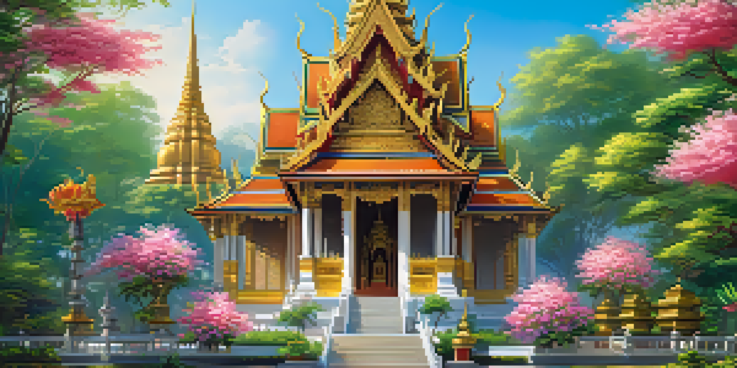 A vibrant traditional Thai temple with ornate carvings and a steep roof, set in a lush green landscape under a blue sky.