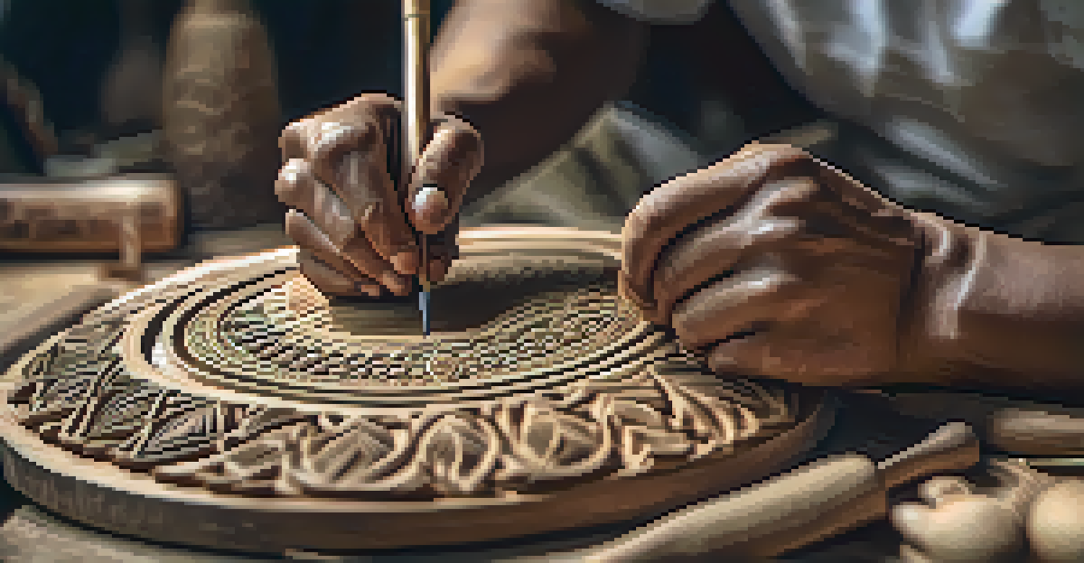 Close-up of an artisan's hands carving a wooden sculpture at a Thai craft fair.