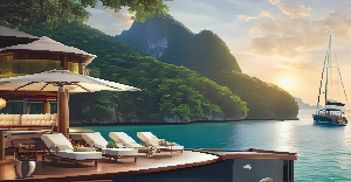 A luxurious private yacht anchored in clear waters with lush green islands in the background during sunset.