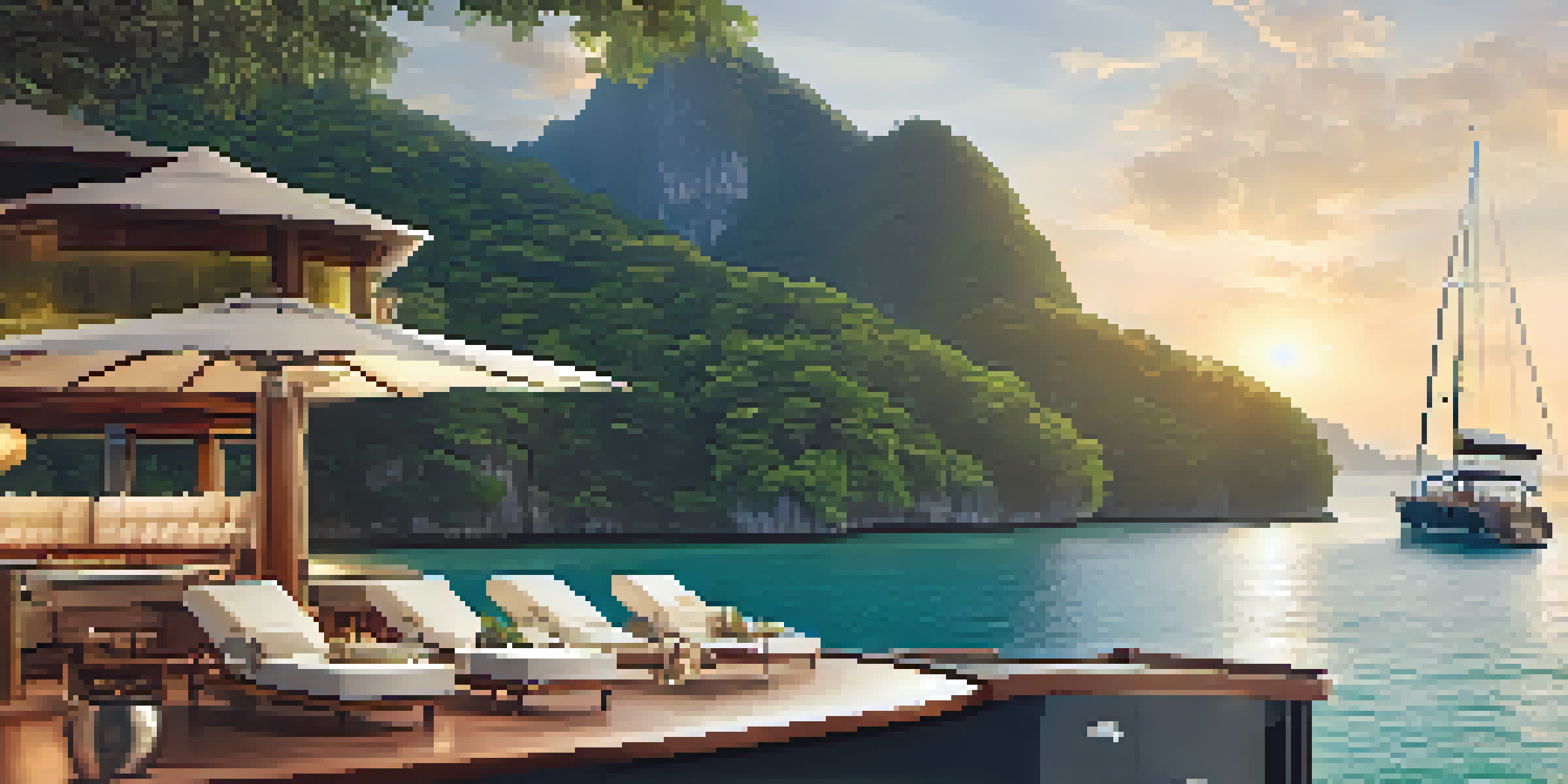 A luxurious private yacht anchored in clear waters with lush green islands in the background during sunset.