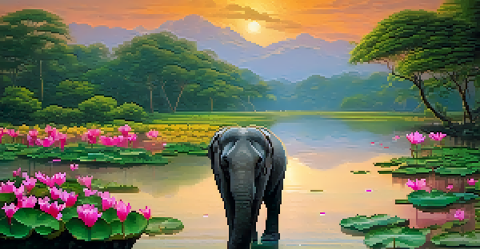 A majestic elephant by a river in Thailand, surrounded by lush greenery and lotus flowers, under a vibrant sunset.