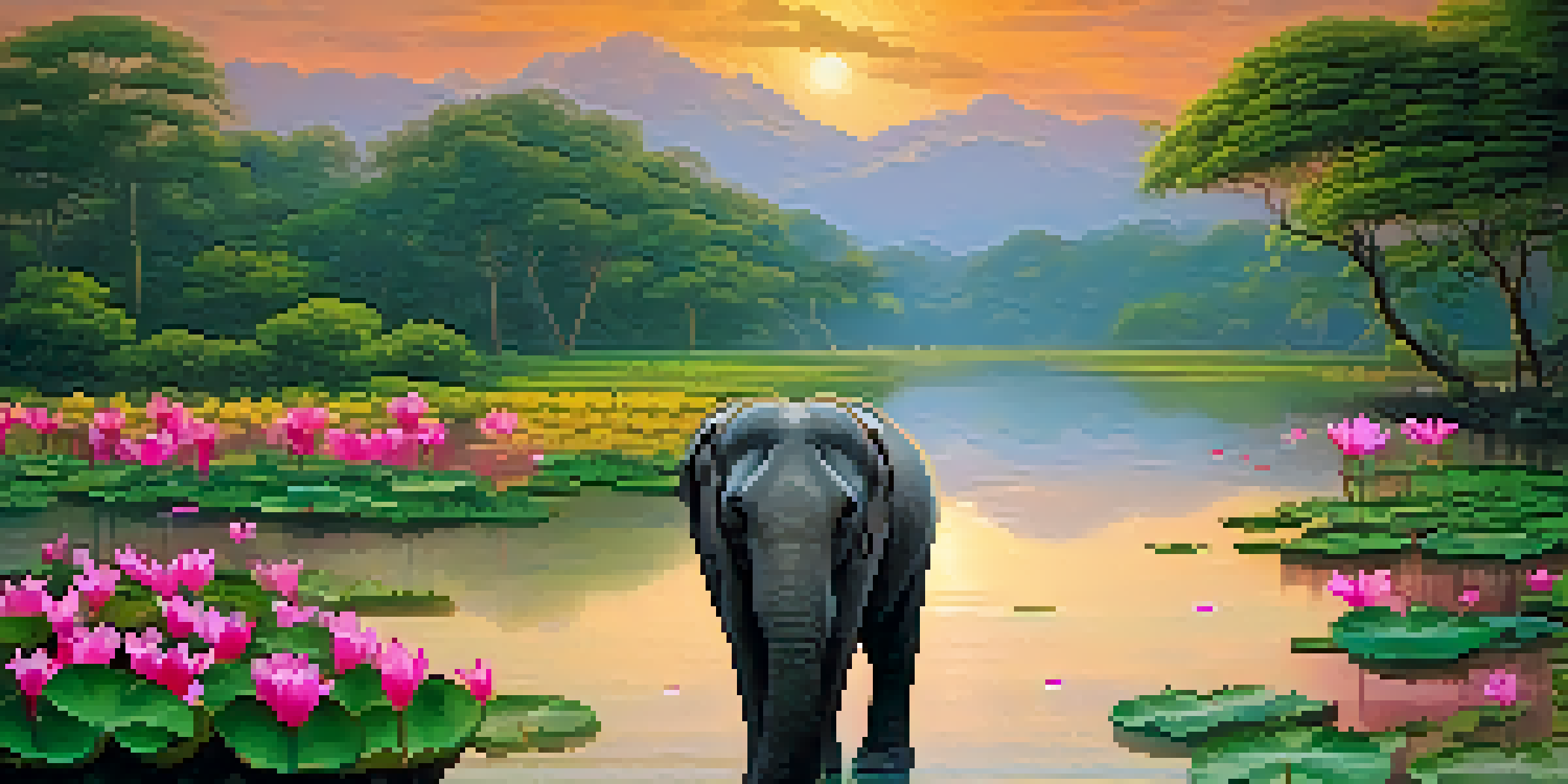 A majestic elephant by a river in Thailand, surrounded by lush greenery and lotus flowers, under a vibrant sunset.