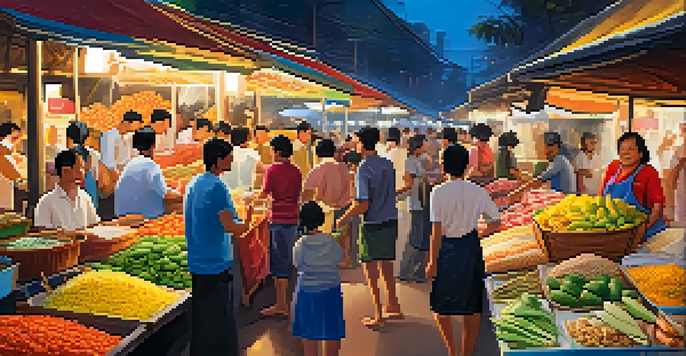 A lively Thai street market with colorful stalls and people enjoying street food and fresh produce under the warm sunset light.