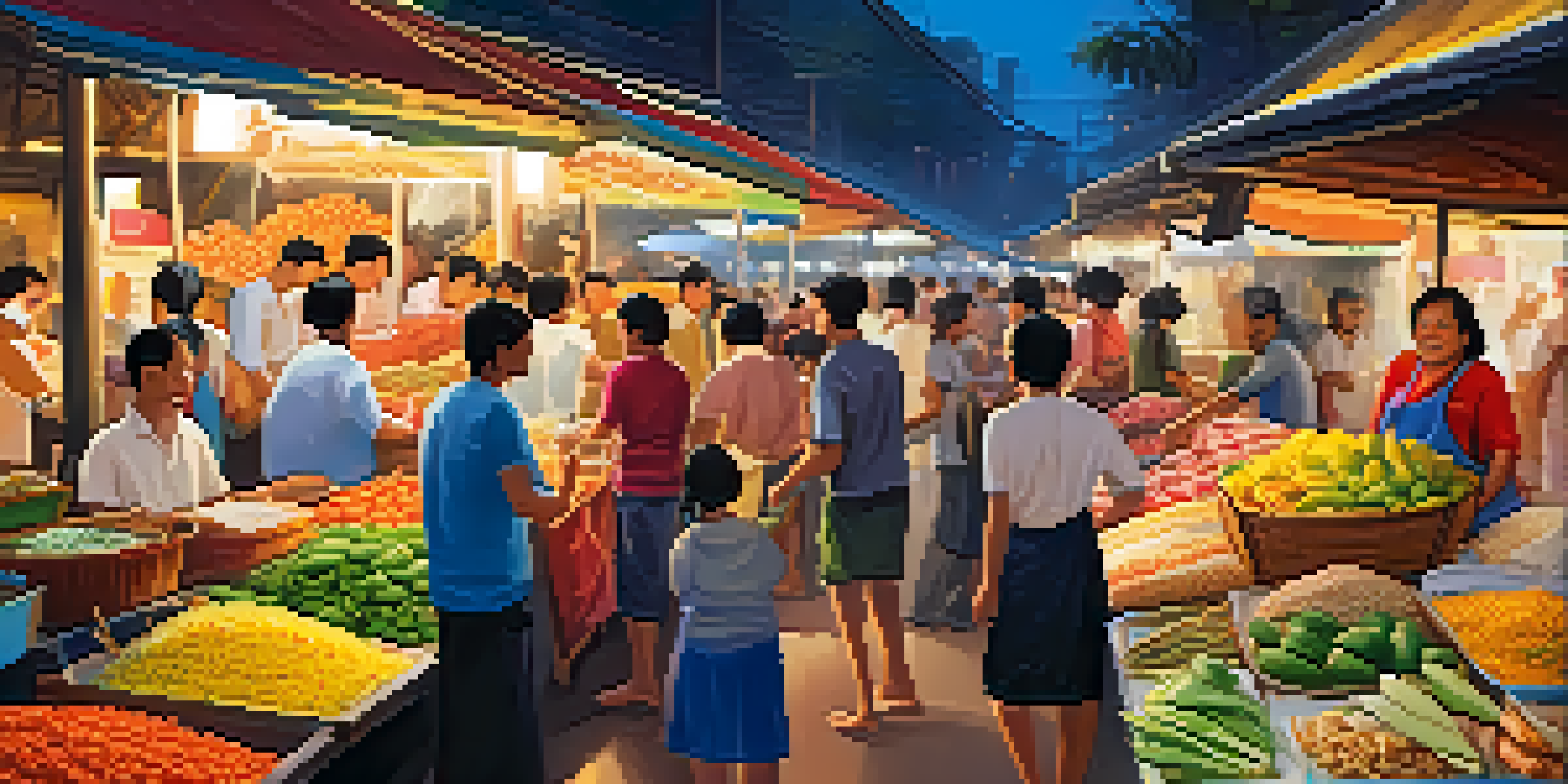 A lively Thai street market with colorful stalls and people enjoying street food and fresh produce under the warm sunset light.