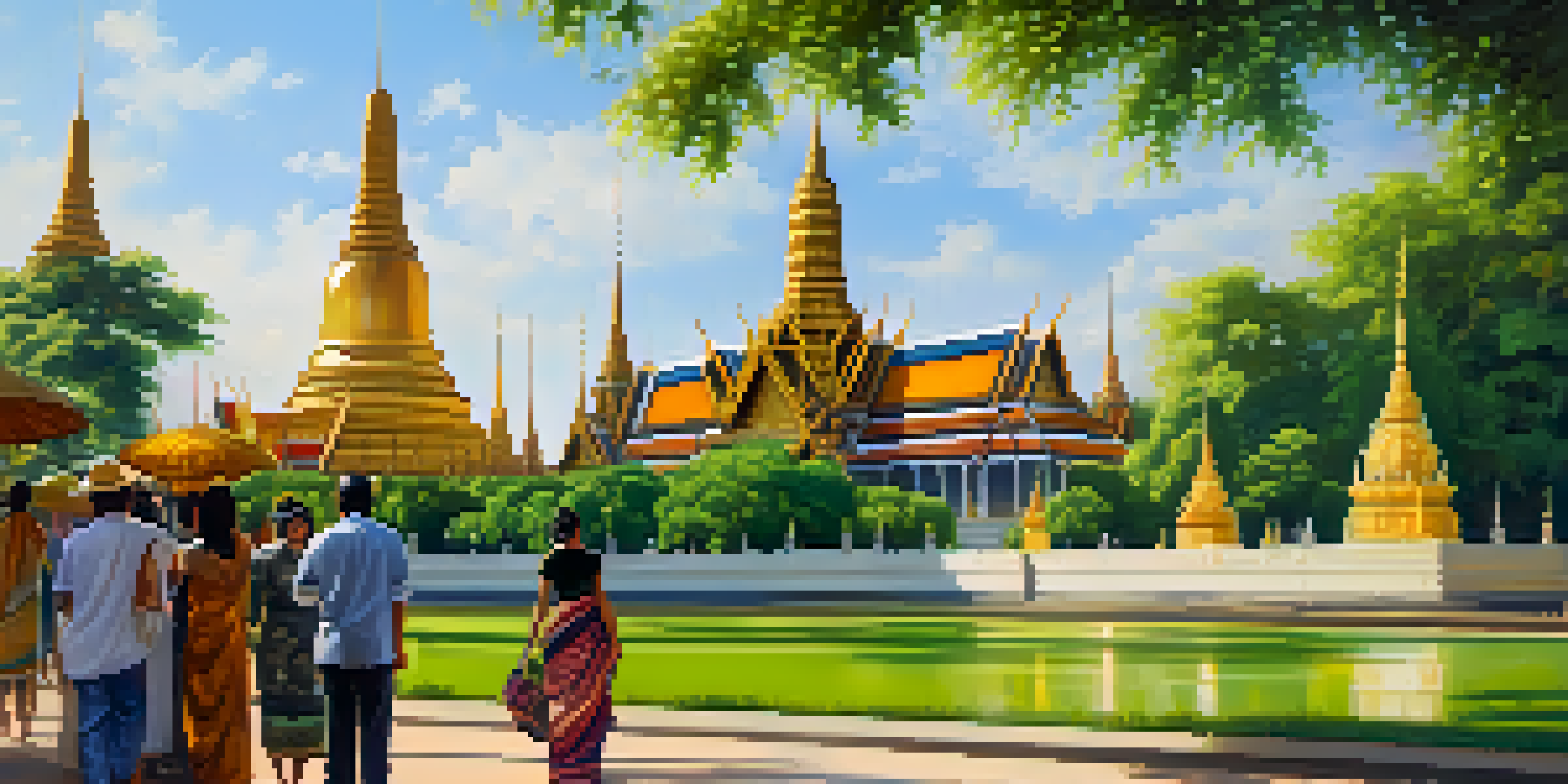 A beautiful view of the Grand Palace in Bangkok with golden spires and lush gardens.