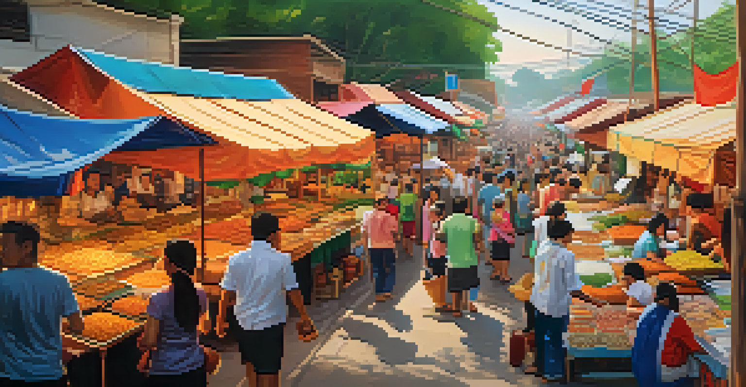 A lively street market at the festival, showcasing food stalls with delicious traditional Thai dishes, and people sampling the vibrant culinary offerings.