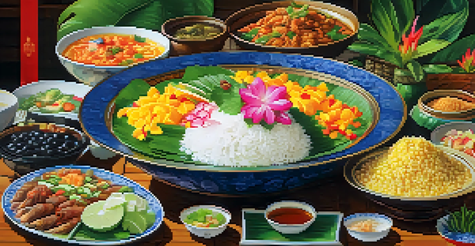 A vibrant display of traditional Thai dishes for Songkran, highlighting 'Khao Chae' with side dishes, set on a festive table.
