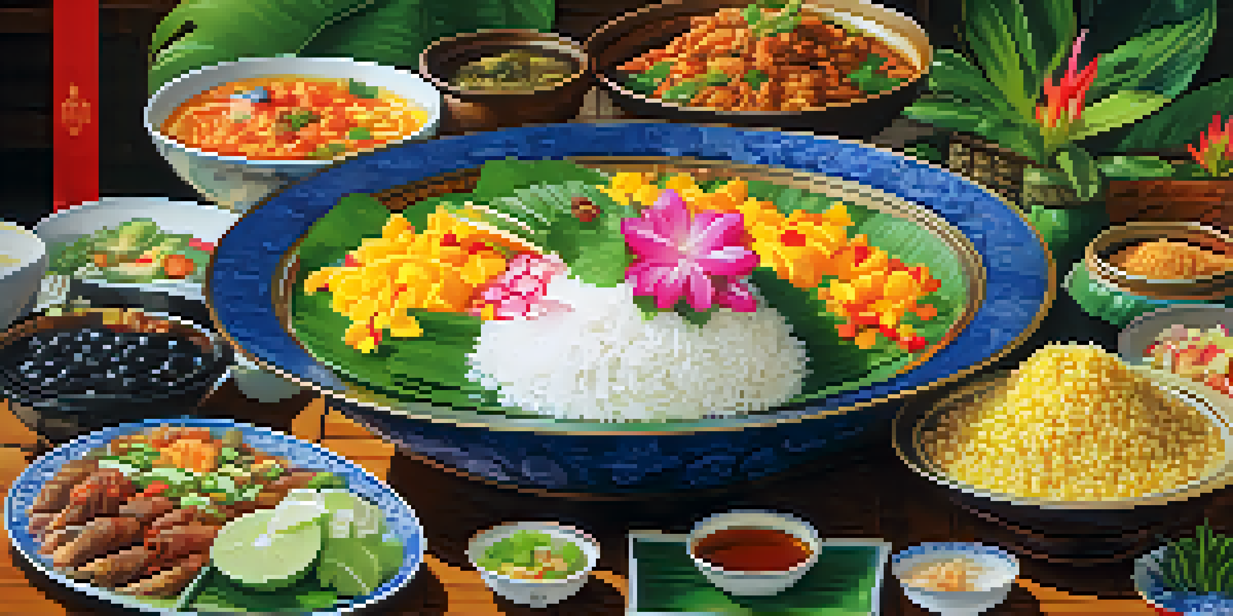 A vibrant display of traditional Thai dishes for Songkran, highlighting 'Khao Chae' with side dishes, set on a festive table.