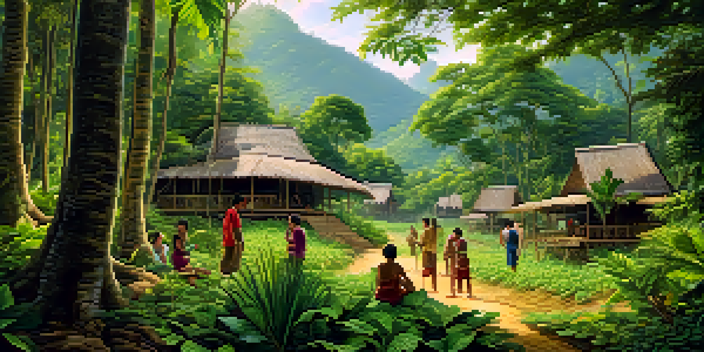 Local villagers participating in sustainable harvesting in a lush community forest in Thailand, with sunlight filtering through the trees.