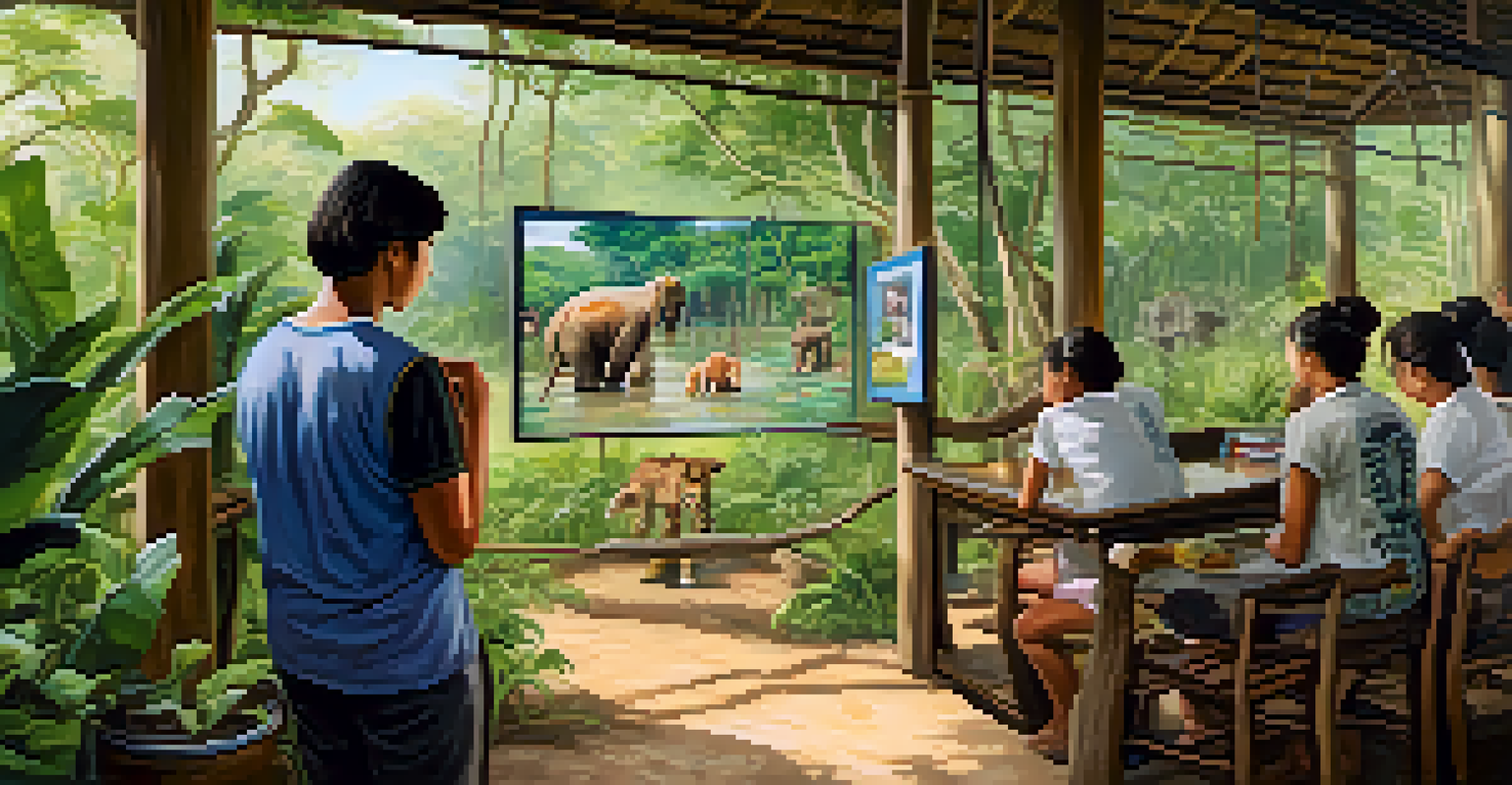 Visitors at a wildlife conservation center in Thailand, observing a baby animal being cared for by a volunteer, surrounded by informative signs and greenery.