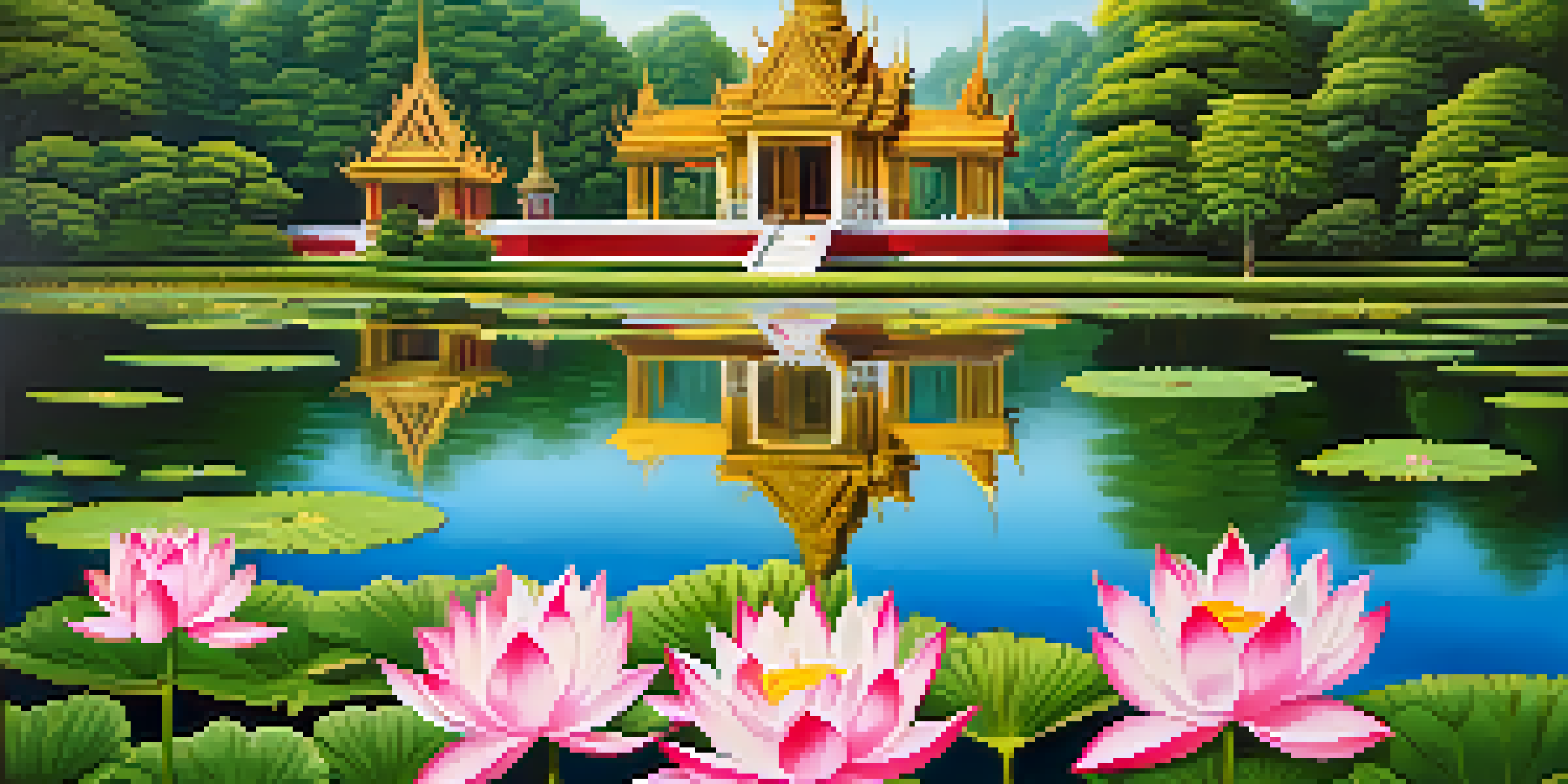 A peaceful scene of a traditional Thai temple with intricate architecture surrounded by greenery and a pond with blooming lotus flowers.