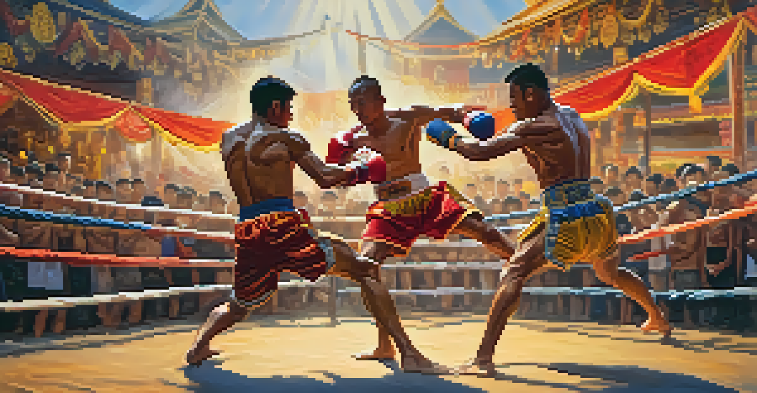 Two Muay Thai fighters in traditional attire executing a kick during an exhibition at a lively festival, with an enthusiastic crowd in the background.