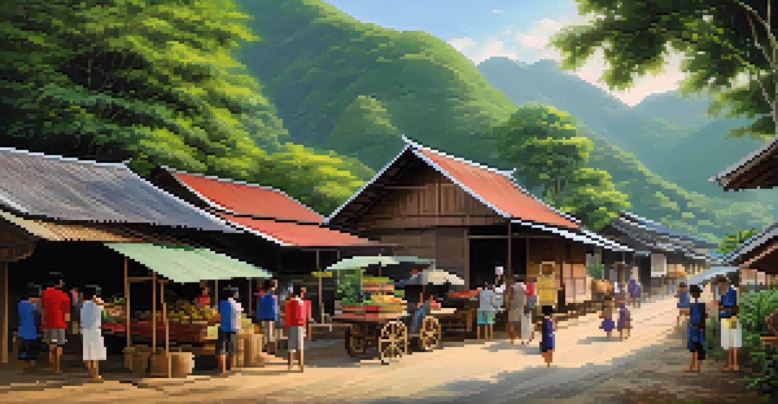 A small village along a train route in Thailand with wooden houses, local markets, and villagers in a green and mountainous setting.