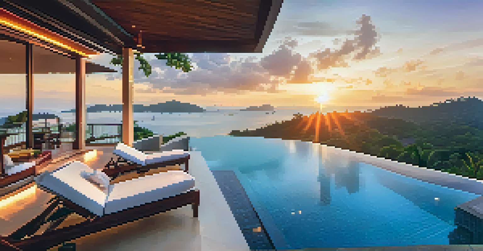View of an infinity pool at The Kalima Resort & Spa in Phuket, with sunset colors reflecting on the water and modern lounge chairs.
