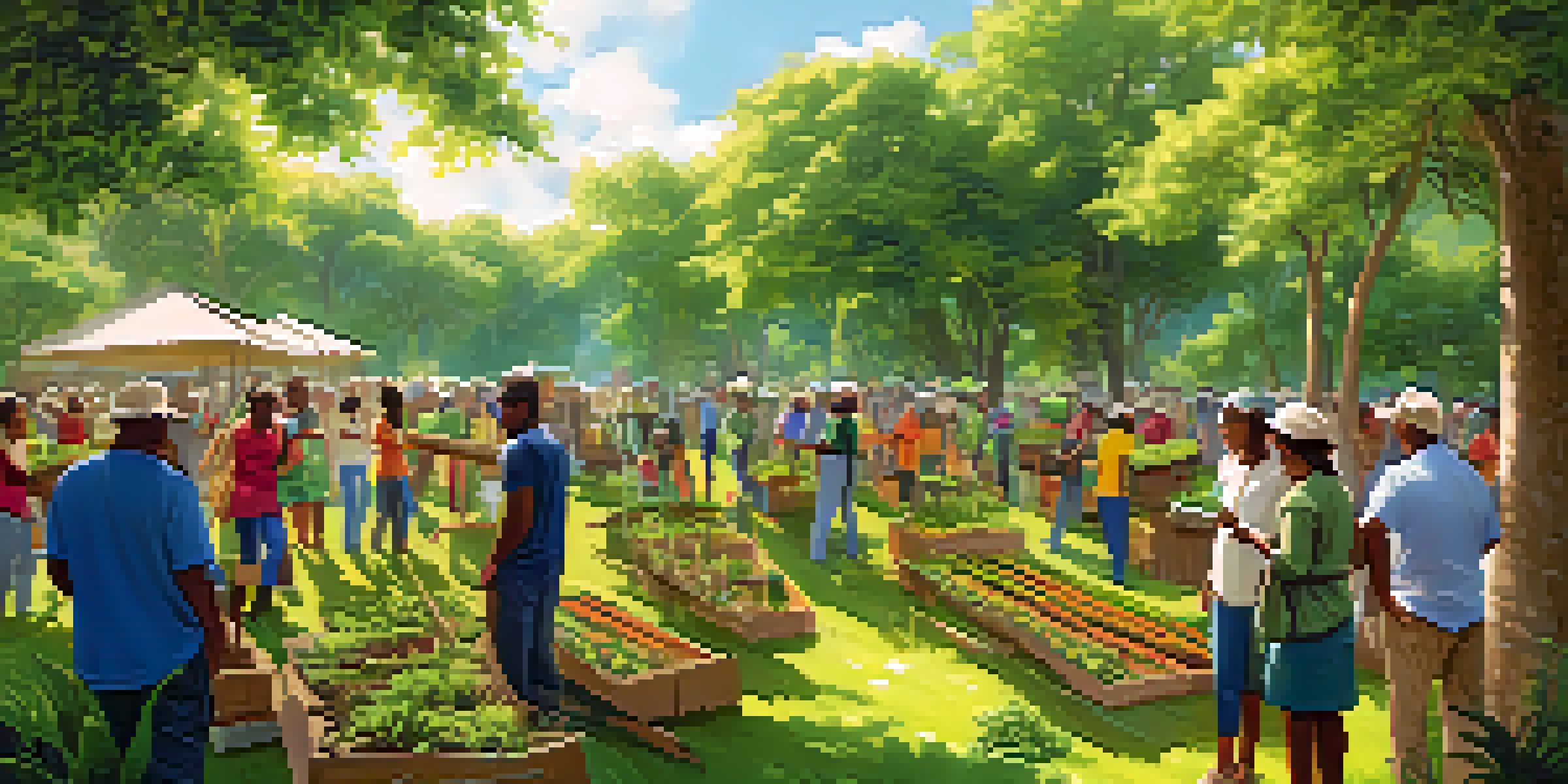 A diverse group of people participating in a community conservation project, planting trees in a green landscape under soft sunlight.