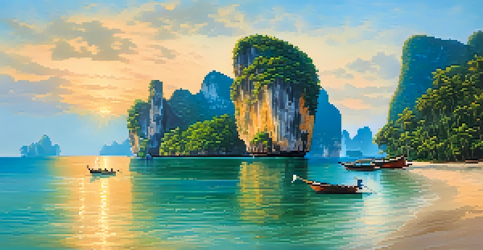 A scenic sunset view of towering limestone cliffs of Krabi, reflecting warm golden light over turquoise waters.