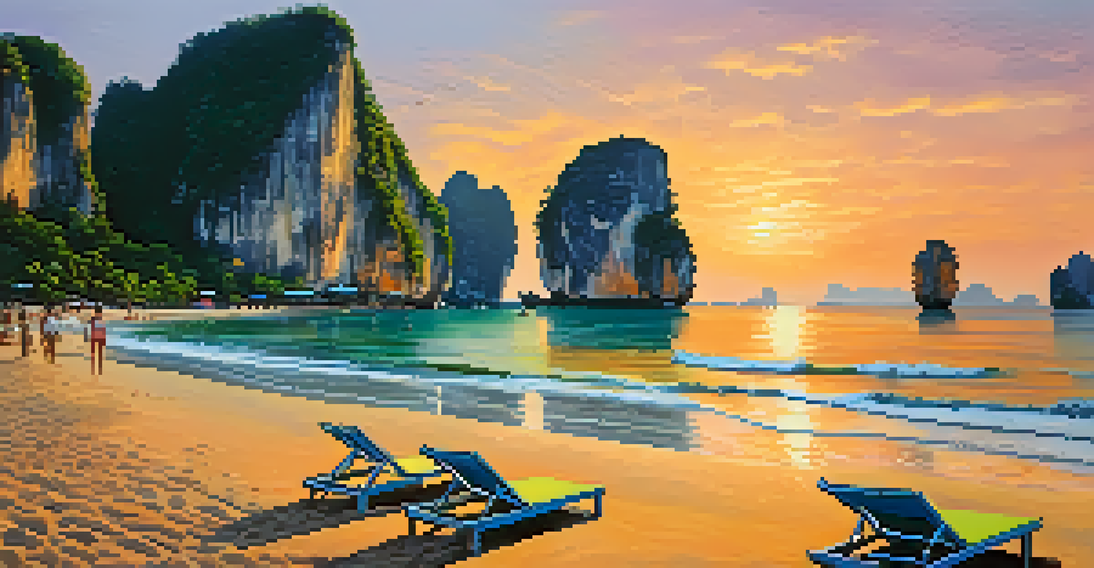 A stunning sunset at Ao Nang Beach with golden sun reflections on water, colorful beach umbrellas in the foreground, and limestone cliffs in the background.