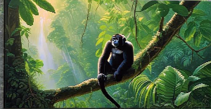 A tranquil rainforest scene in Khao Sok National Park, showcasing tall trees and gibbons among lush greenery, with soft sunlight filtering through the leaves.