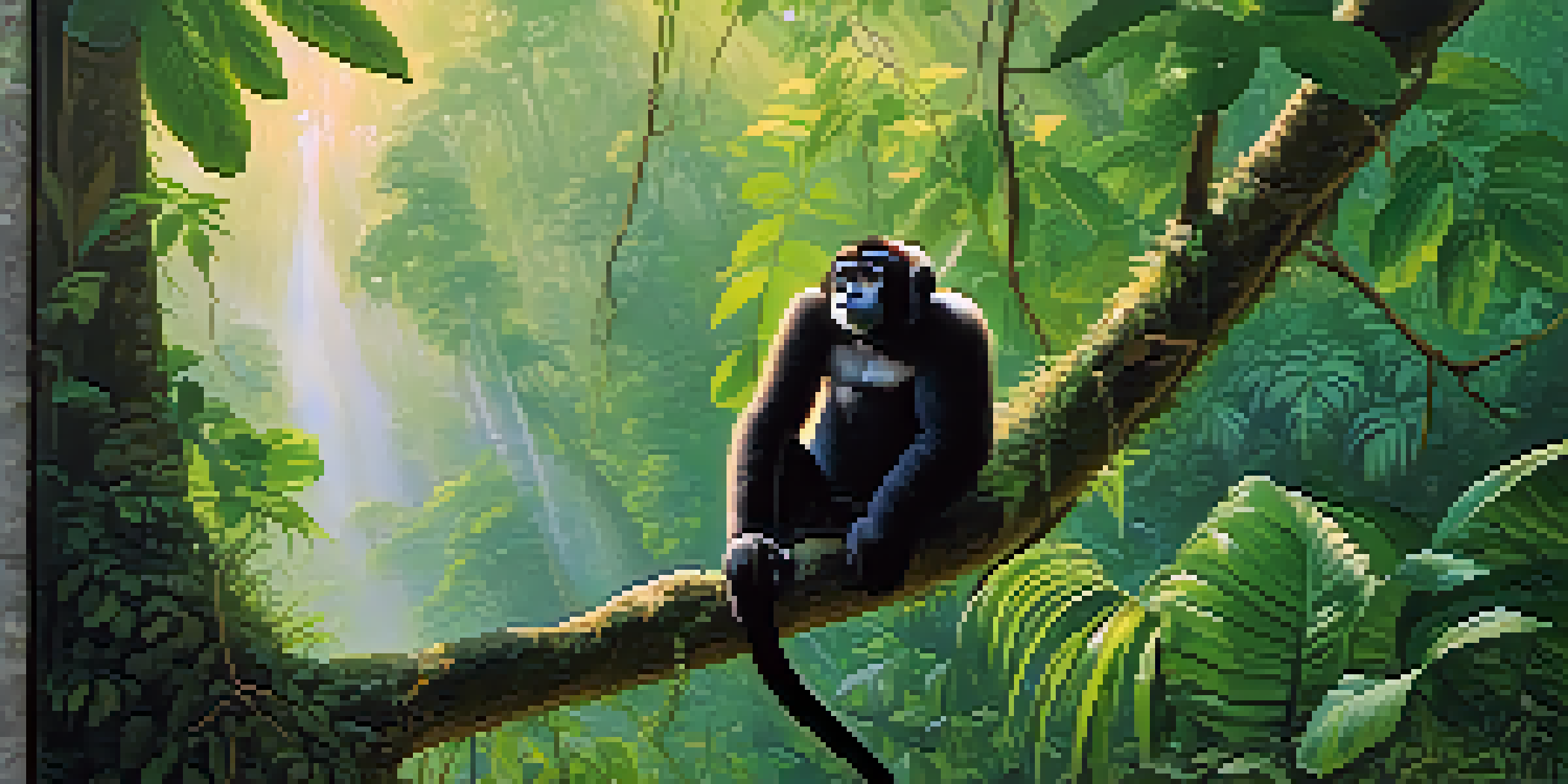 A tranquil rainforest scene in Khao Sok National Park, showcasing tall trees and gibbons among lush greenery, with soft sunlight filtering through the leaves.