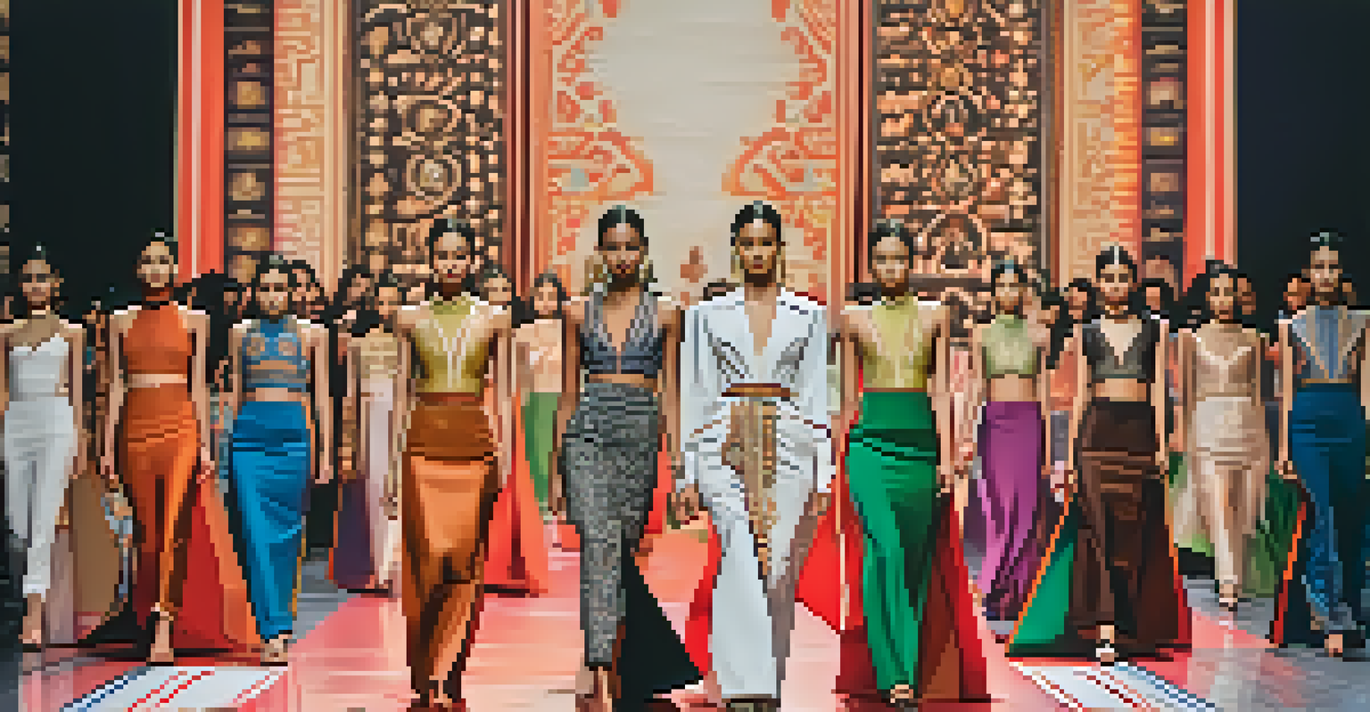 Models on a fashion runway wearing modern outfits inspired by traditional Thai textiles, blending cultural elements with contemporary design.