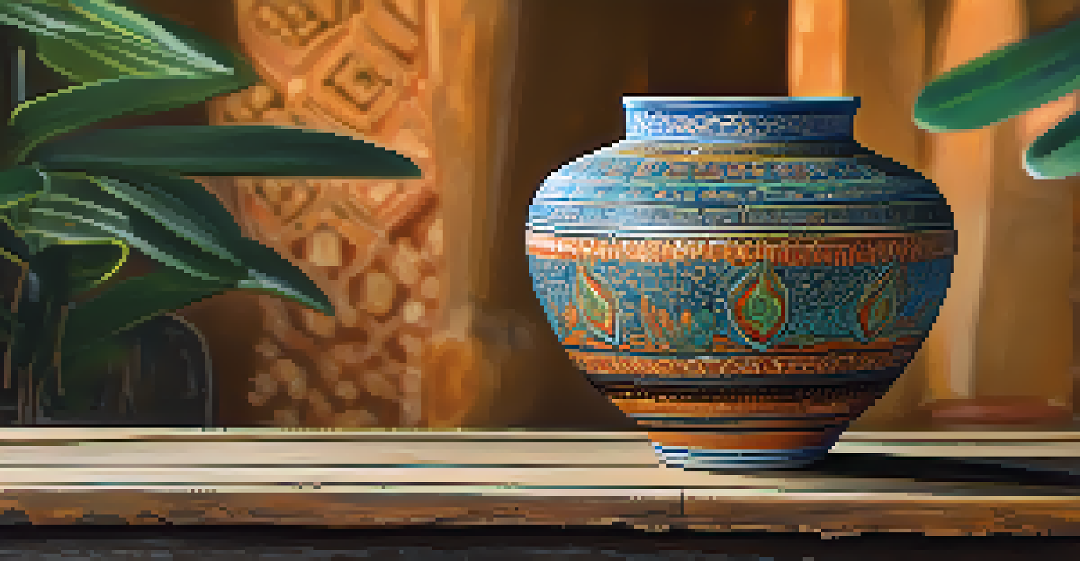 A beautifully crafted piece of Thai pottery with vibrant colors and natural patterns, displayed on a wooden table.