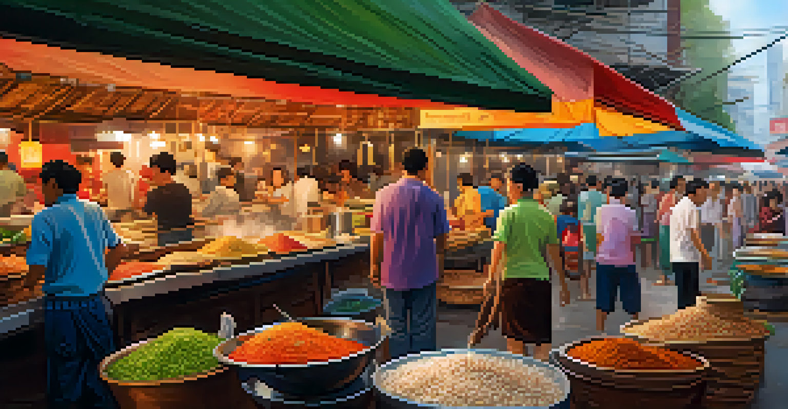 A busy street food market in Bangkok, showcasing colorful stalls and happy people enjoying Thai cuisine.