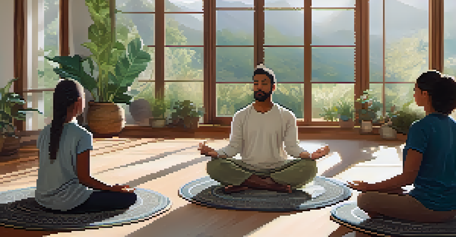 A communal meditation space with people meditating in a circle, surrounded by cushions, rugs, and plants, illuminated by natural light.
