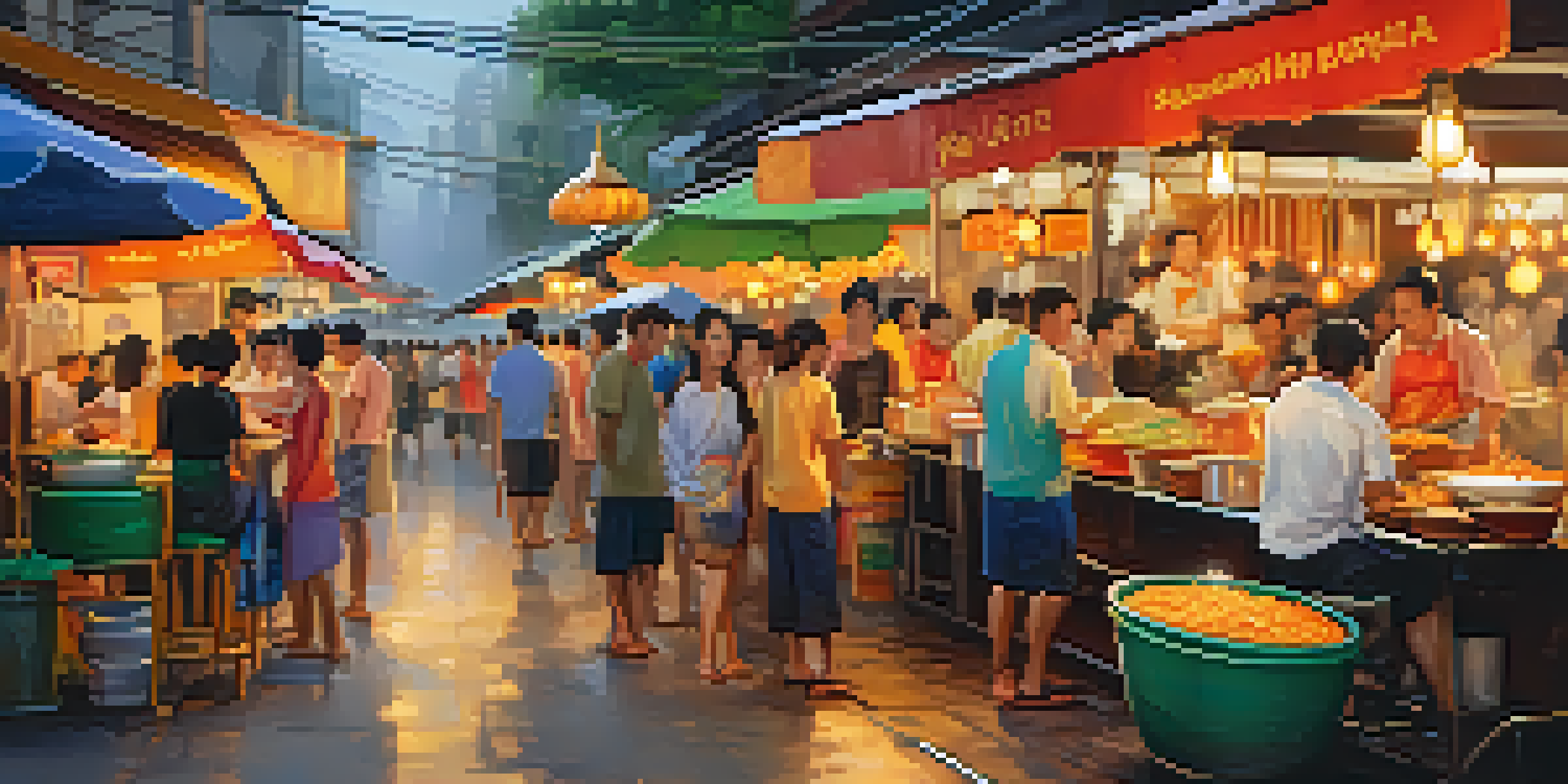 A lively street food scene in Bangkok with colorful food stalls, showcasing dishes like Pad Thai and mango sticky rice, surrounded by people enjoying the food.