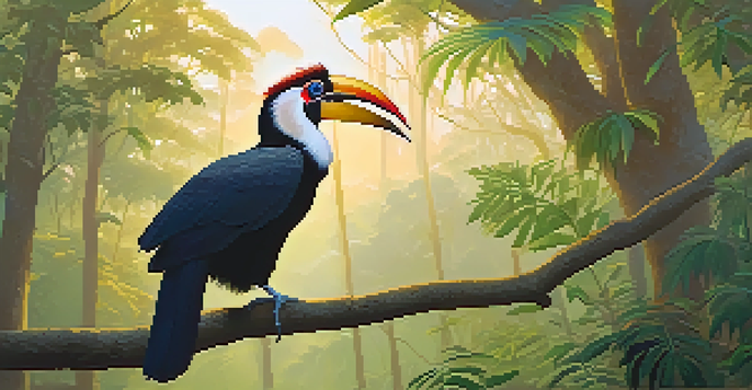 A misty forest scene at dawn in Khao Yai National Park with a great hornbill perched on a branch, surrounded by vibrant greenery.