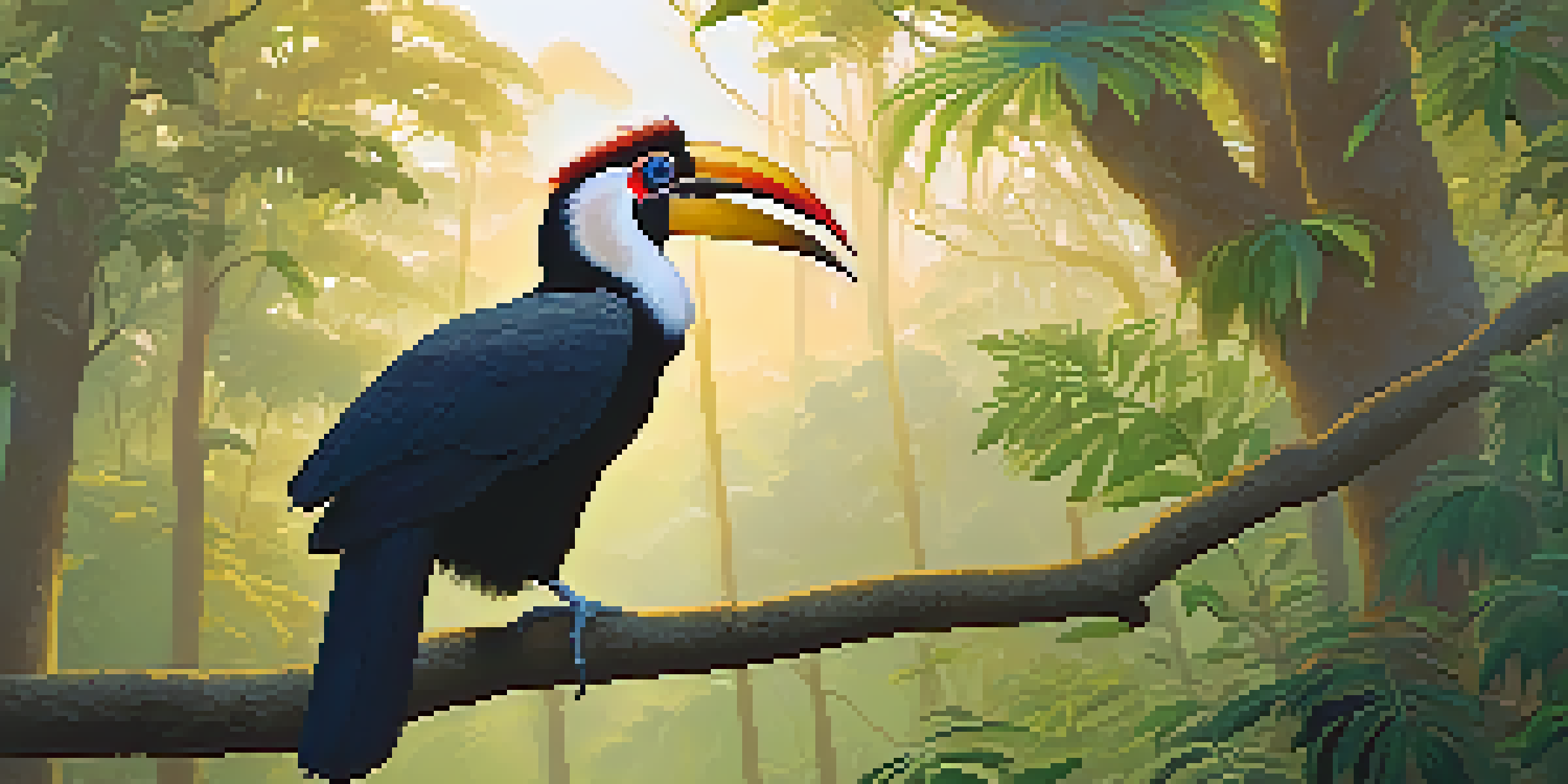 A misty forest scene at dawn in Khao Yai National Park with a great hornbill perched on a branch, surrounded by vibrant greenery.