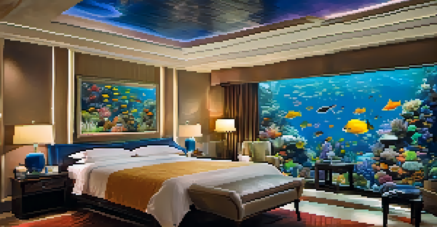 A cozy hotel room with aquarium walls showcasing colorful marine life, creating an underwater ambiance.